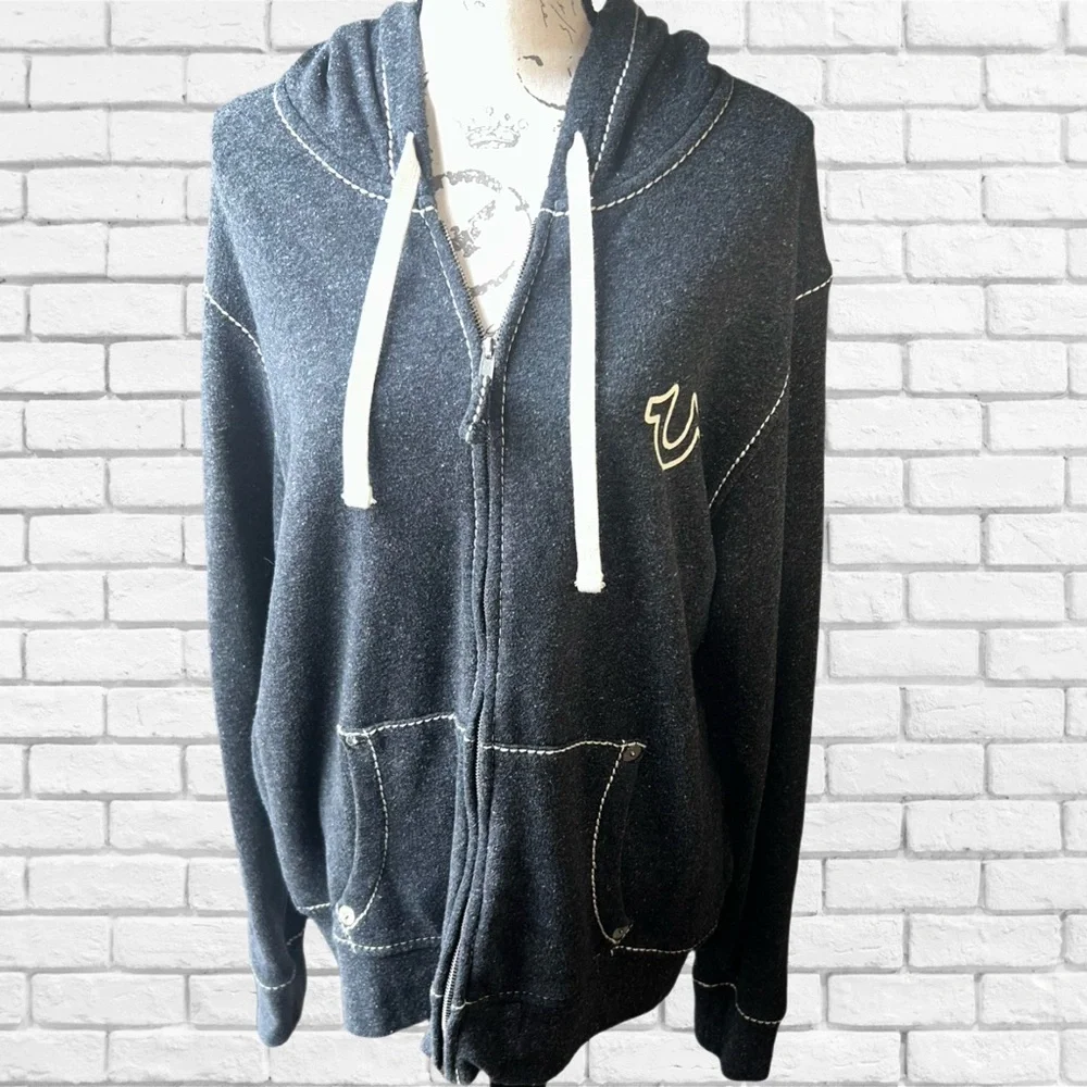 True Religion Mens‎ Big T Stitch Zip Up Hoodie Charcoal Grey 2XL MHUB129YE7